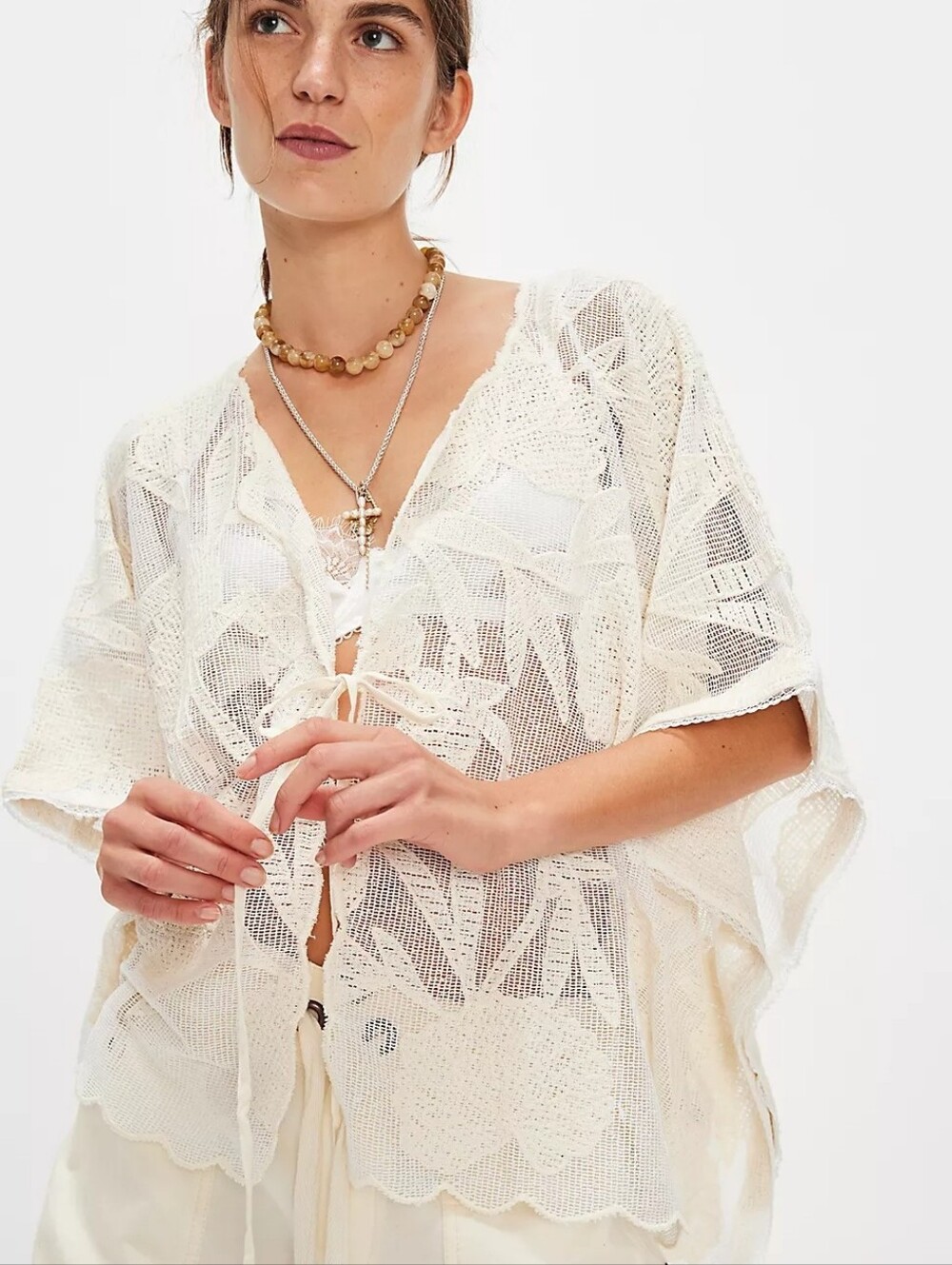 Free People Willow Tie-front Sheer Cape Top in White One Size - Picture 7 of 15